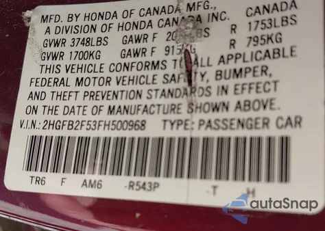 2015 Honda Civic Lx z USA, uszkodzony, nr VIN 2HGFB2F53FH500968